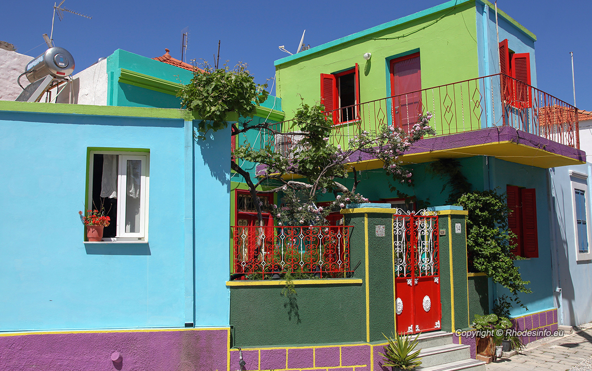 Colorful houses in the village Koskinou on the island of Rhodes, Greece